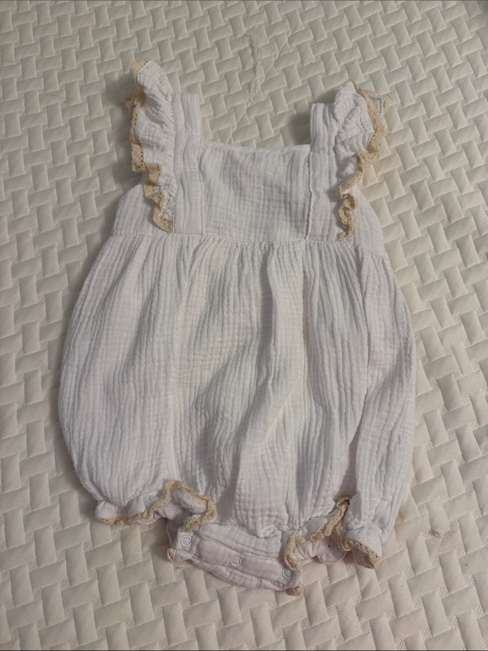 White Cotton Baby One-Piece Romper with Beige Lace Trim